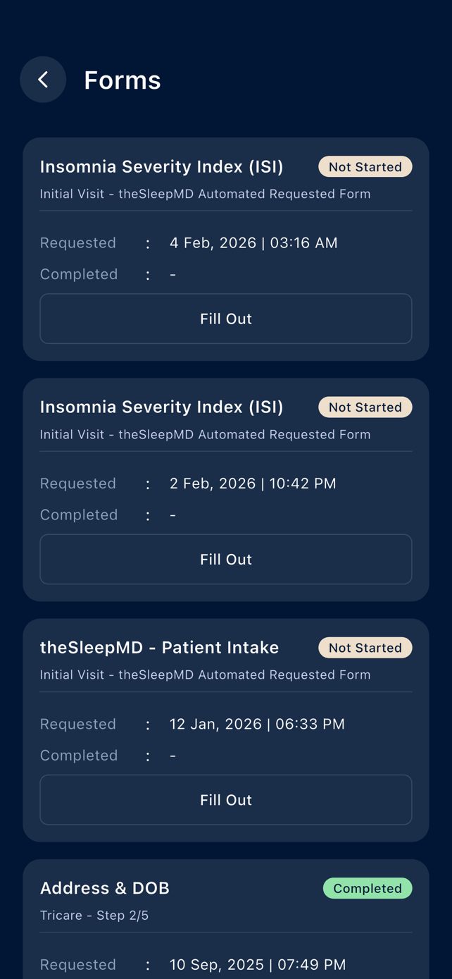 SleepMD app — forms screen